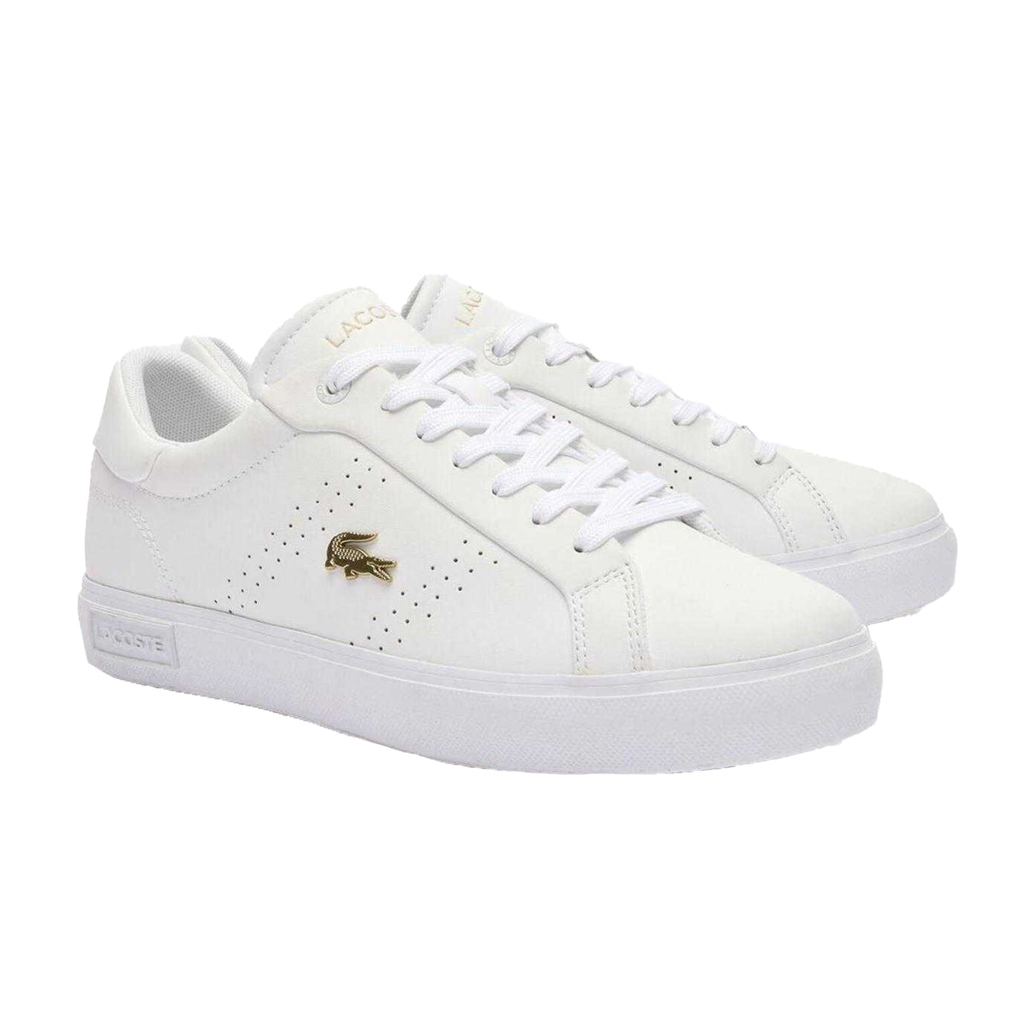 White-Gold - Pack Shot - Lacoste Womens-Ladies Powercourt 2.0 Leather Trainers