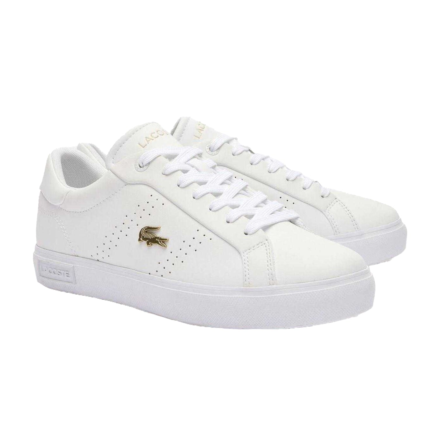 White-Gold - Pack Shot - Lacoste Womens-Ladies Powercourt 2.0 Leather Trainers