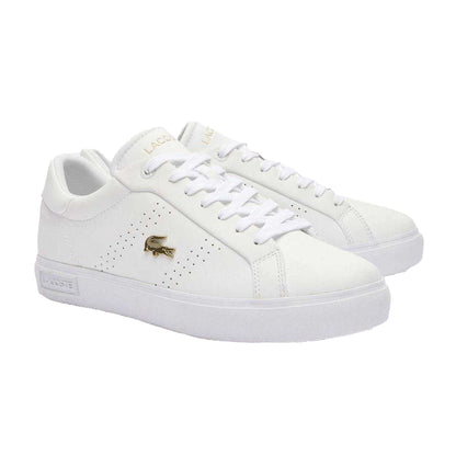 White-Gold - Pack Shot - Lacoste Womens-Ladies Powercourt 2.0 Leather Trainers