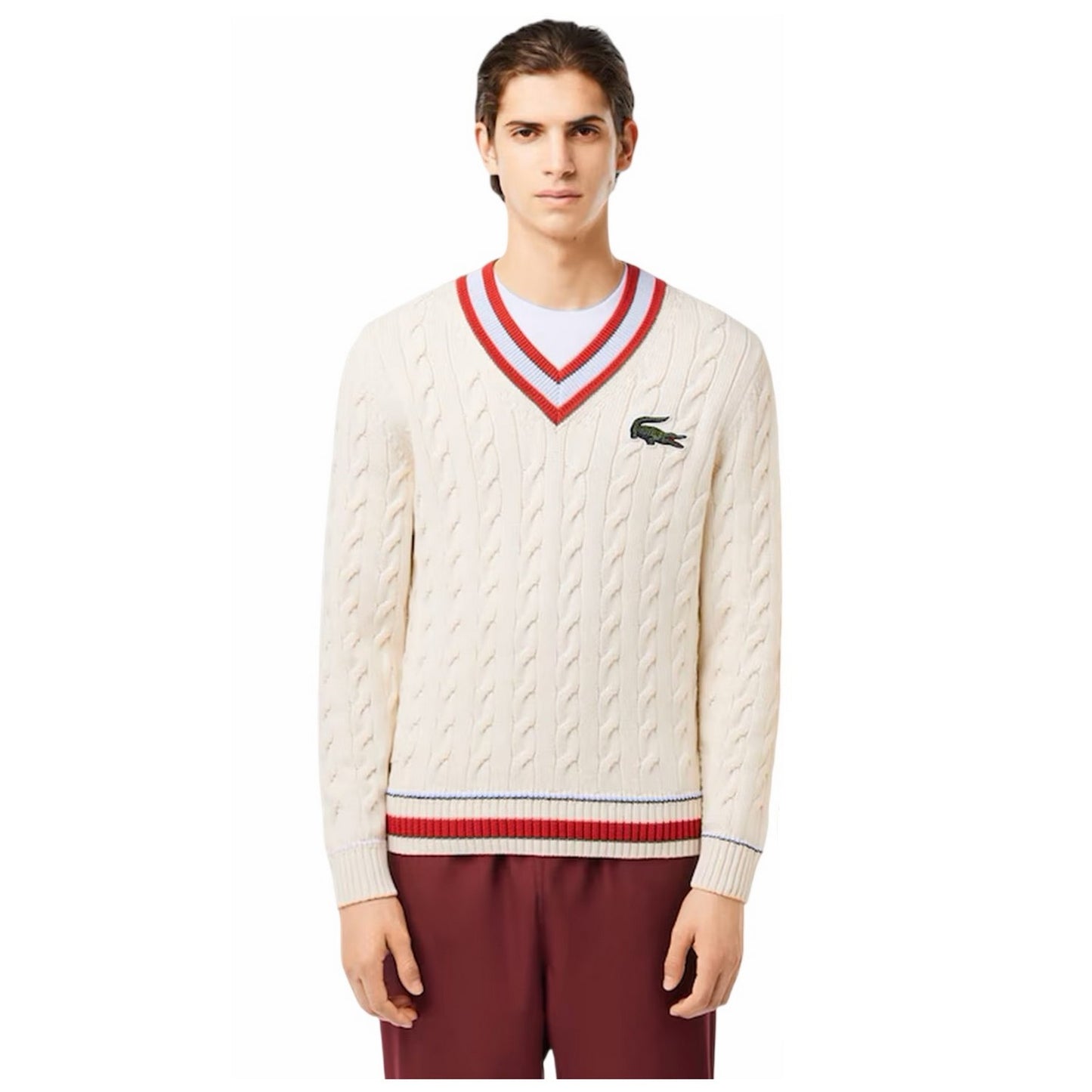 Cream-Red - Front - Lacoste Unisex Adult Cable Knit Ribbed Cuff Regular Sweater Top