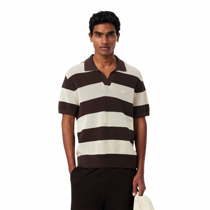 Cream - Side - Lacoste Mens Striped Knitted Polo Shirt