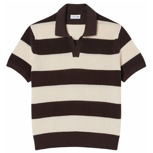 Cream - Front - Lacoste Mens Striped Knitted Polo Shirt