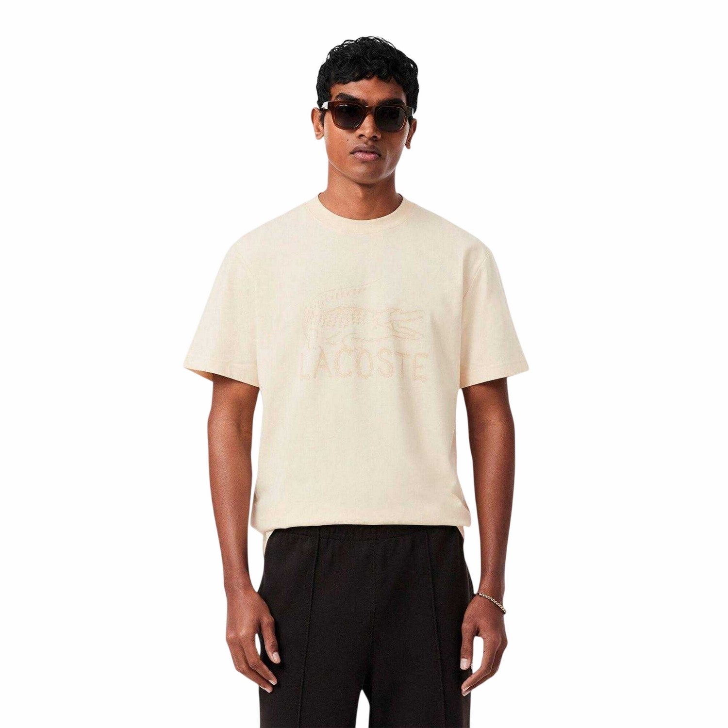 Beige - Side - Lacoste Mens Logo Cotton T-Shirt
