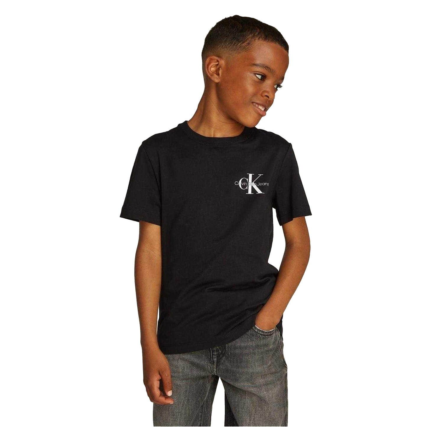 Black - Side - Calvin Klein Childrens-Kids Jeans Monogram Crew Neck Regular T-Shirt