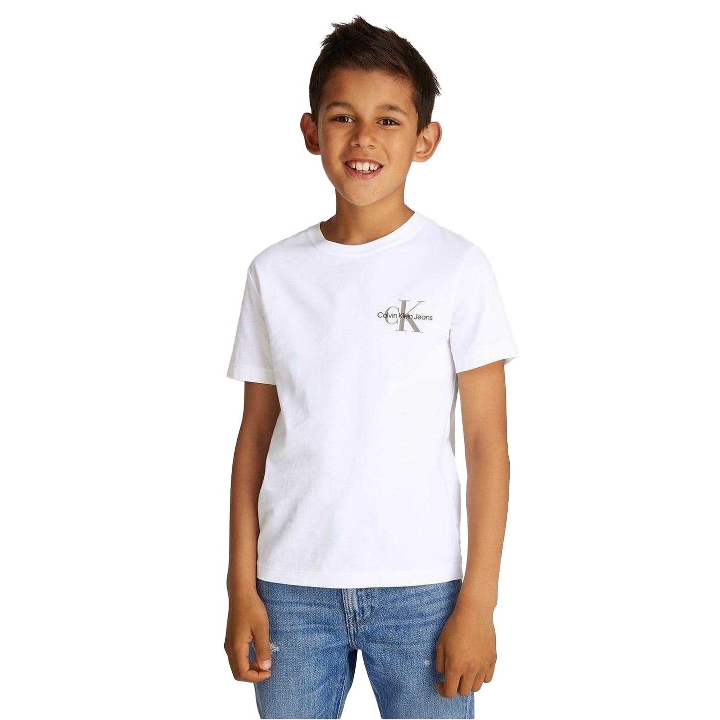 White - Side - Calvin Klein Childrens-Kids Jeans Monogram Crew Neck Regular T-Shirt