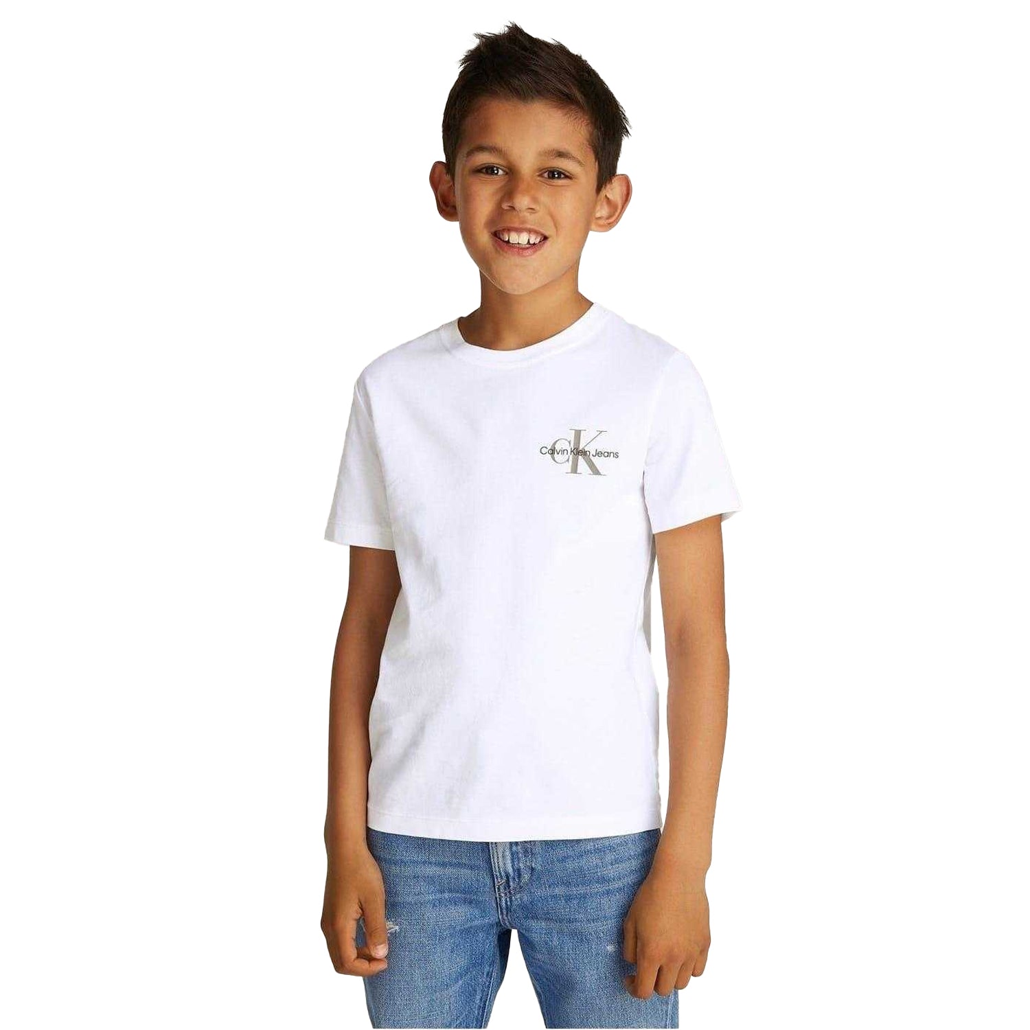 White - Side - Calvin Klein Childrens-Kids Jeans Monogram Crew Neck Regular T-Shirt