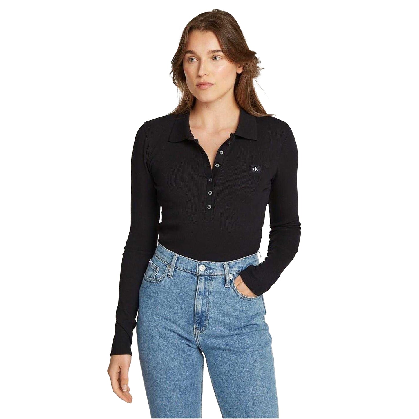 Black - Side - Calvin Klein Womens-Ladies Label Long-Sleeved Bodysuit