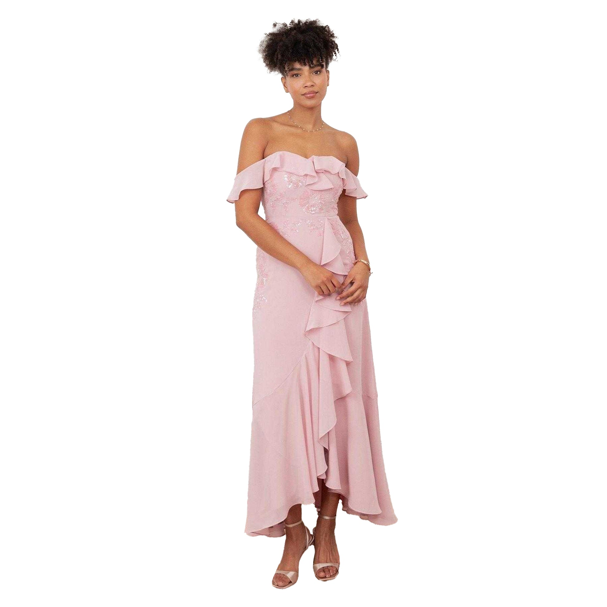 Soft Pink - Front - Maya Deluxe Womens-Ladies De Floral Embellished Midaxi Dress