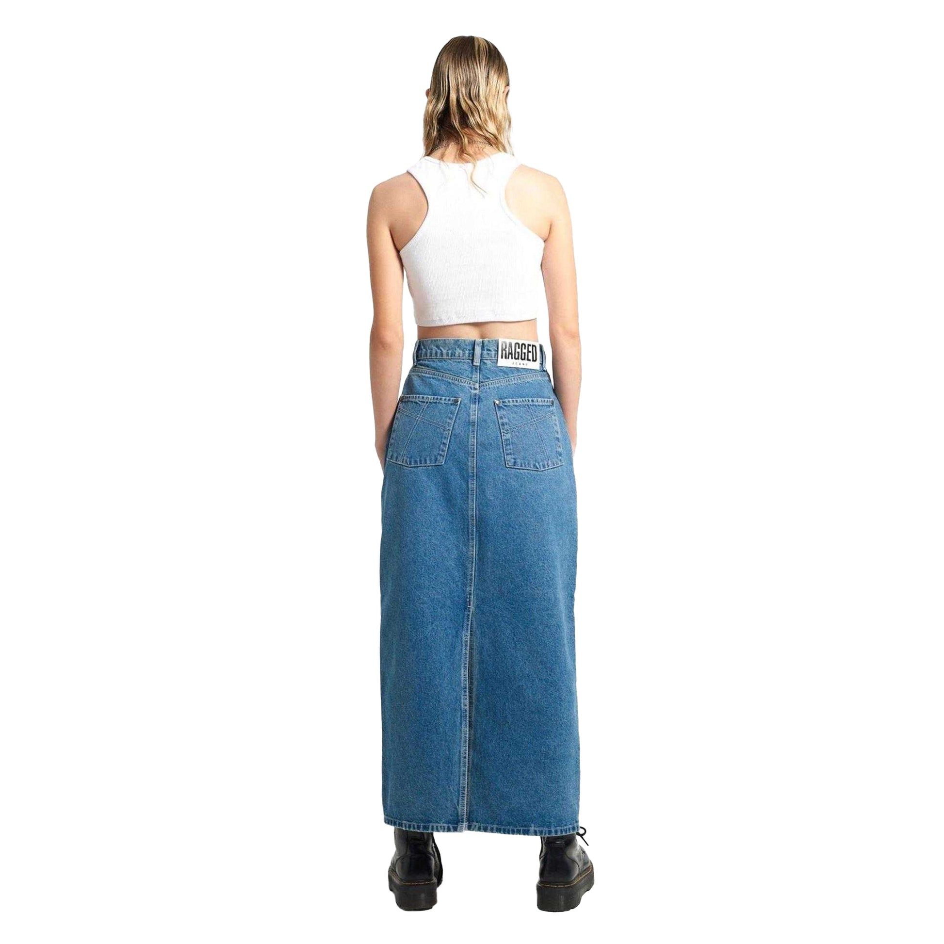 Blue - Back - The Ragged Priest Womens-Ladies Carpenter Denim Maxi Skirt