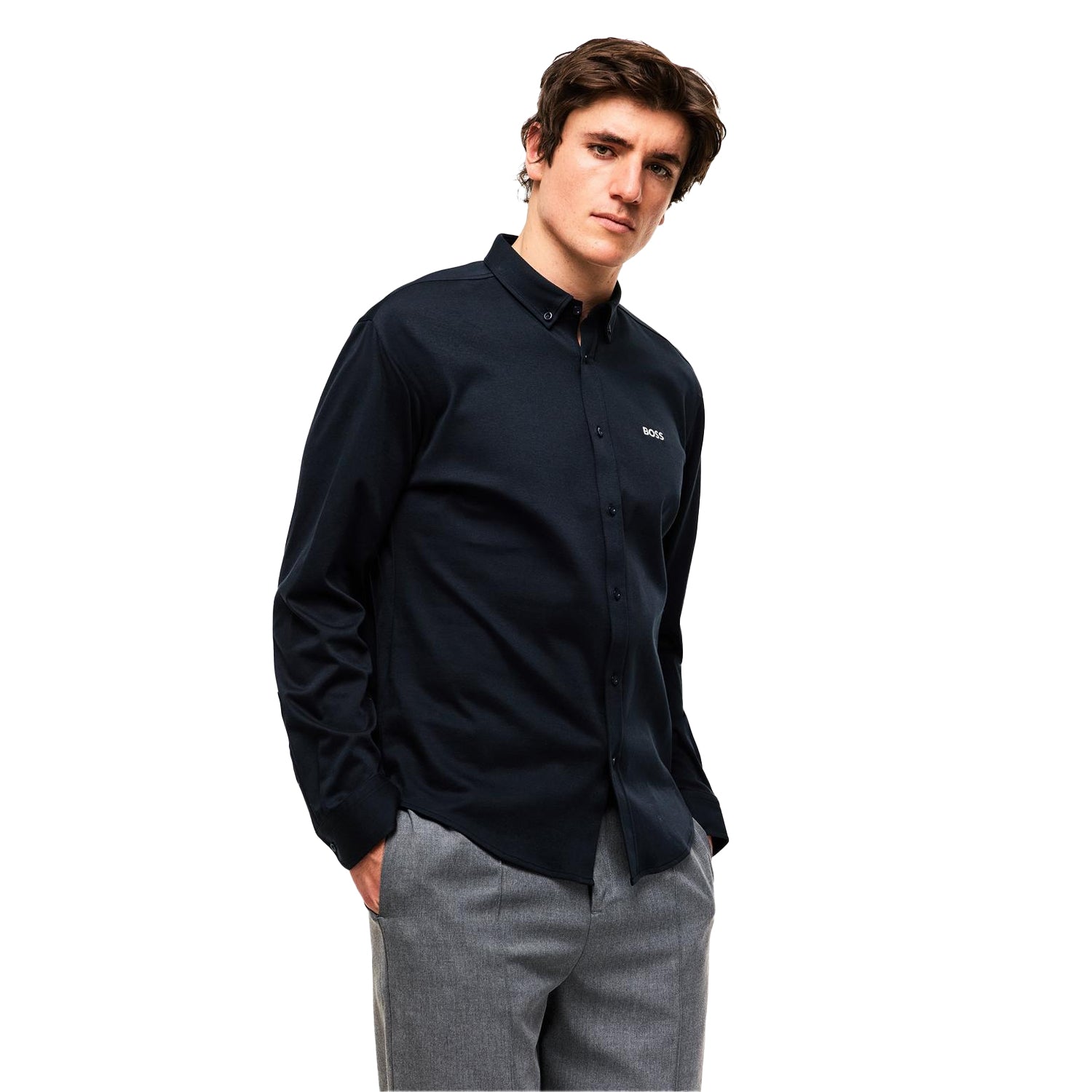 Dark Blue - Side - Boss Mens Motion Logo Cotton Shirt
