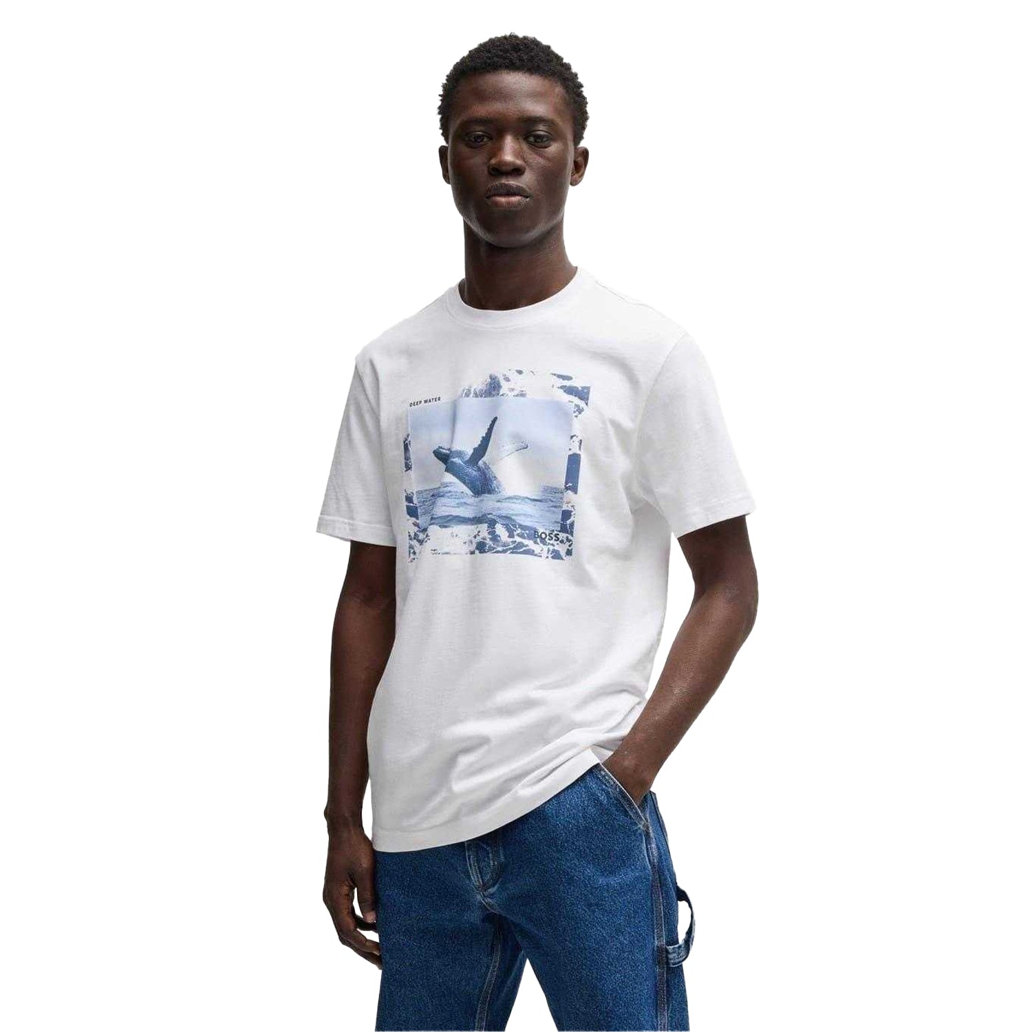 White - Side - Boss Mens Whale Cotton T-Shirt