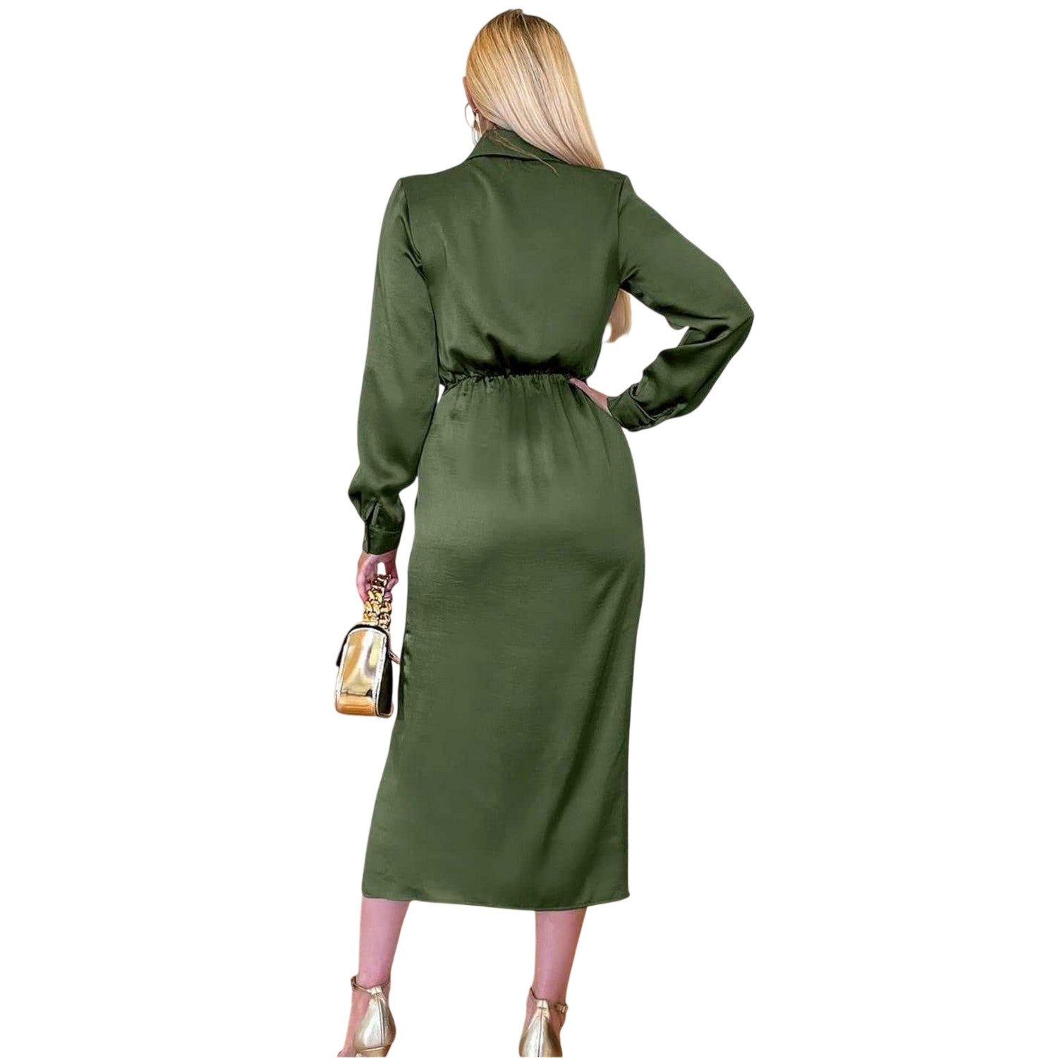 Olive - Back - AX Paris Womens-Ladies Satin Midi Shirt Dress