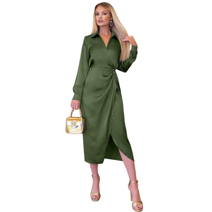 Olive - Side - AX Paris Womens-Ladies Satin Midi Shirt Dress
