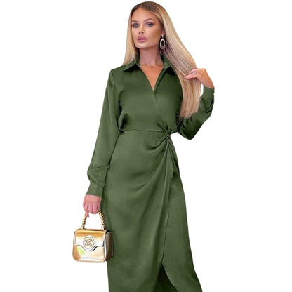 Olive - Front - AX Paris Womens-Ladies Satin Midi Shirt Dress