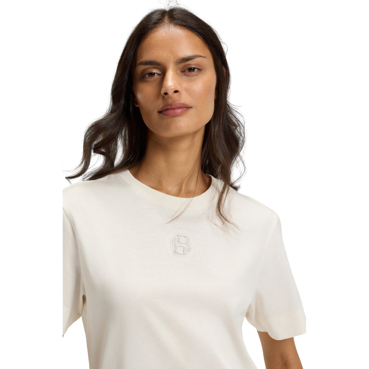 White - Side - Boss Womens-Ladies Rhinestone Logo T-Shirt
