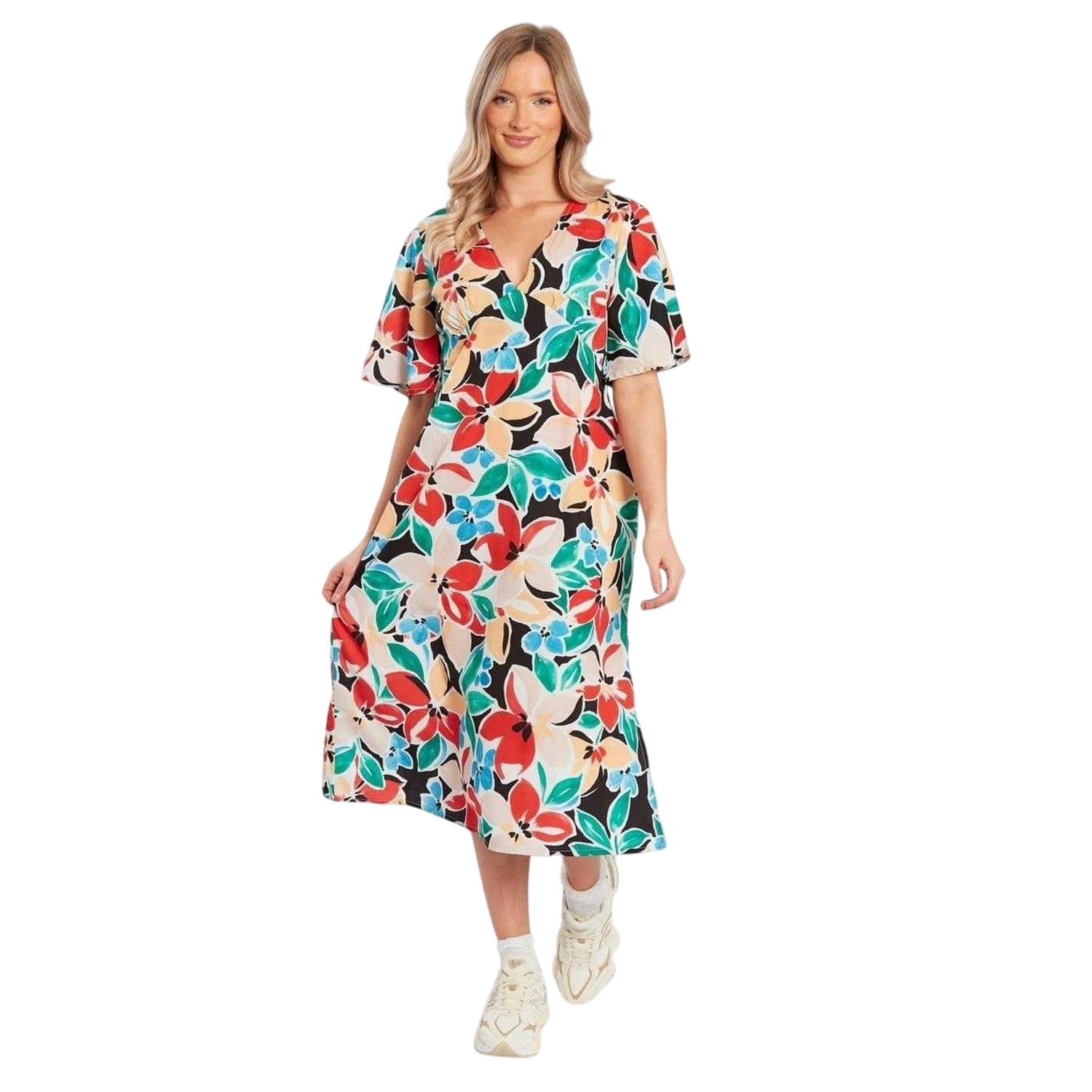 Red-Multicoloured - Front - Influence Womens-Ladies Floral A-line Midi Dress