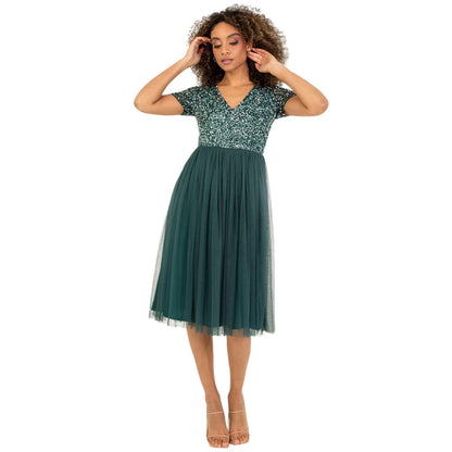 Misty Green - Front - Deluxe Womens-Ladies Sequin Midi Dress