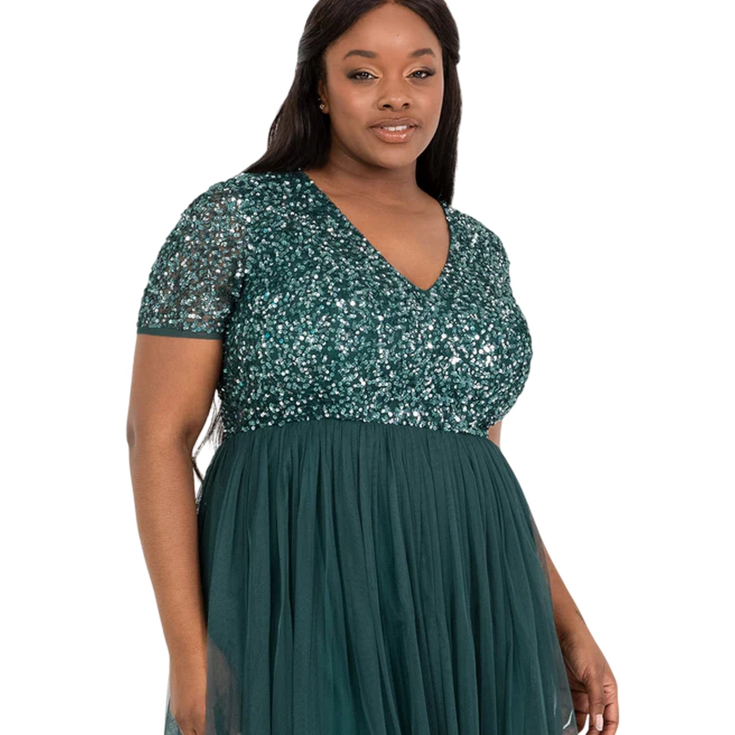 Misty Green - Side - Deluxe Womens-Ladies Sequin Midi Dress