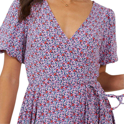 Pink - Back - Brave Soul Womens-Ladies Floral Pattern Puff Sleeve Wrap Dress