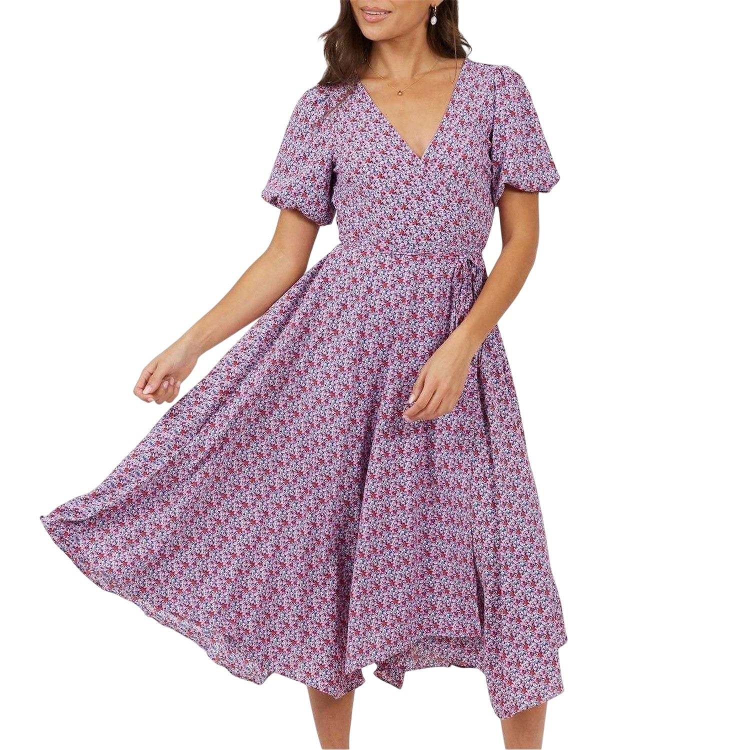 Pink - Front - Brave Soul Womens-Ladies Floral Pattern Puff Sleeve Wrap Dress