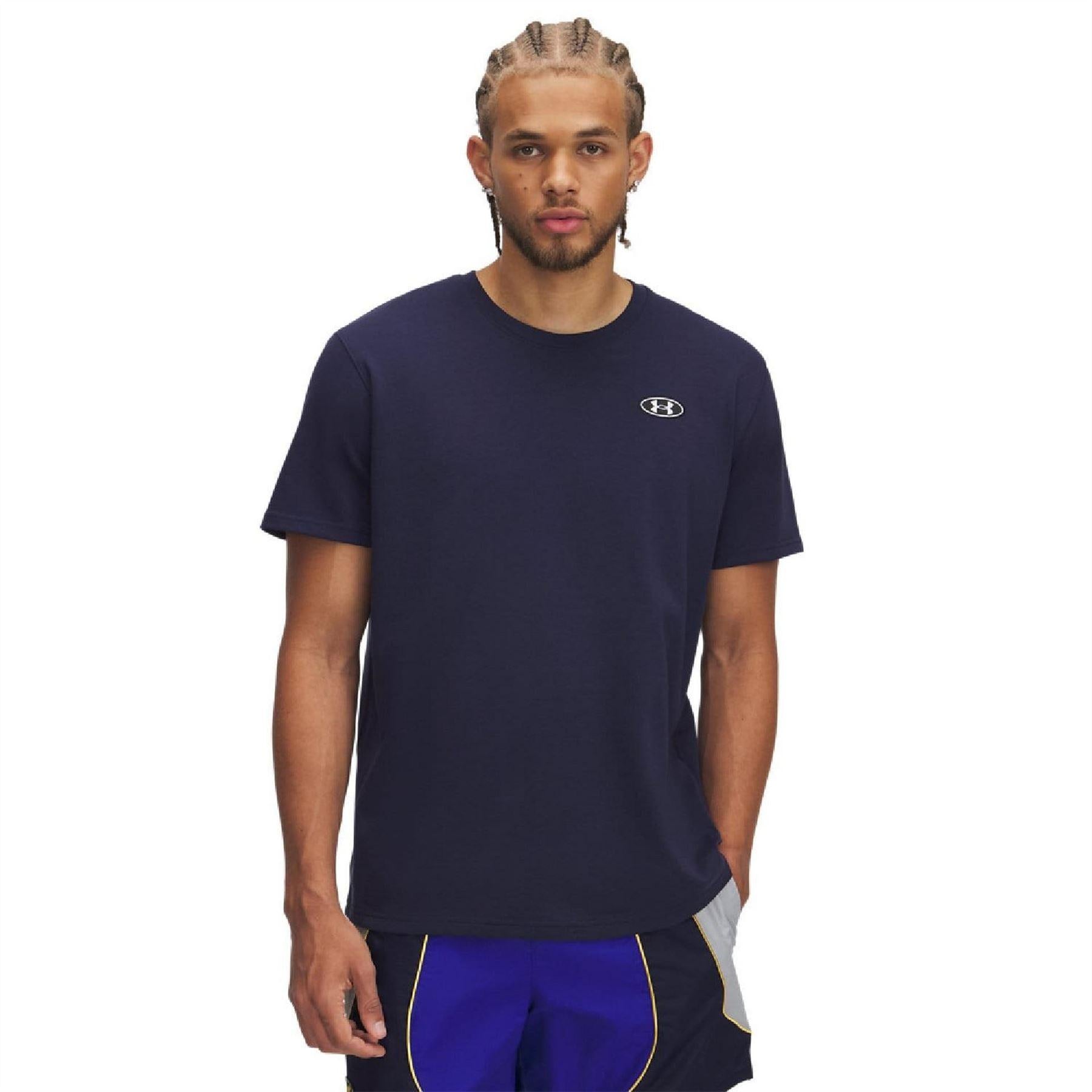 Blue - Side - Under Armour Mens Logo Heavyweight Loose T-Shirt