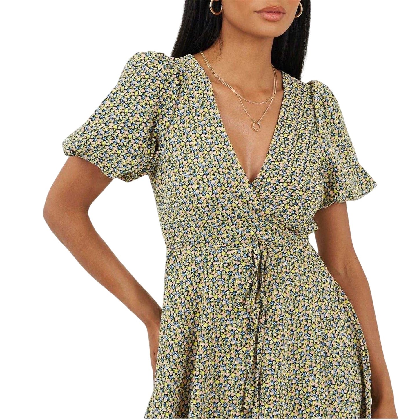 Yellow - Side - Brave Soul Womens-Ladies Floral V Neck Midi Dress
