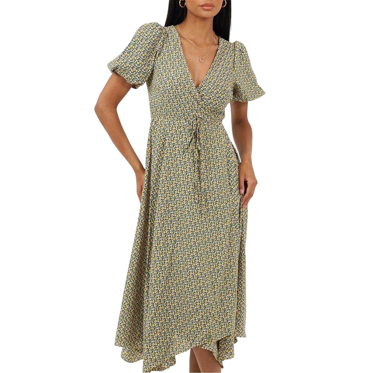 Yellow - Front - Brave Soul Womens-Ladies Floral V Neck Midi Dress