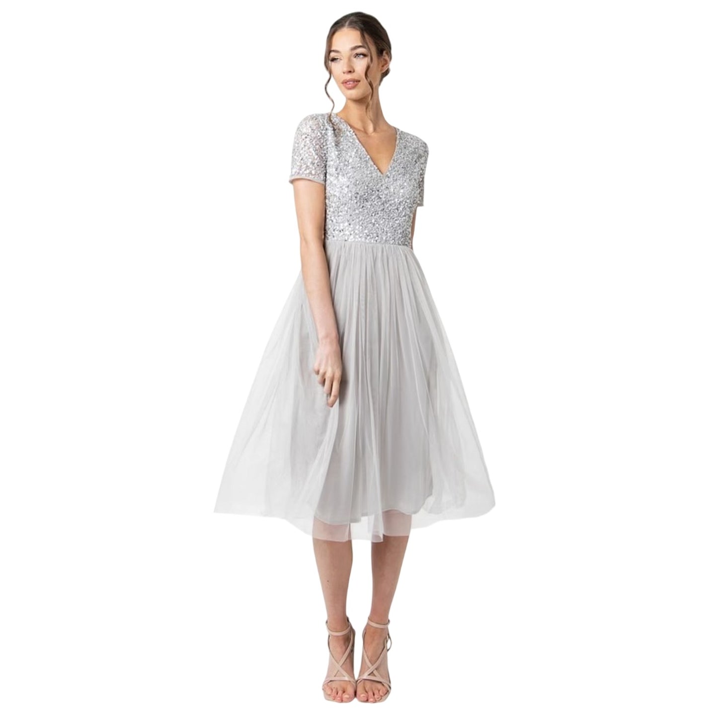 Soft Grey - Front - Maya Deluxe Womens-Ladies Short-Sleeved Midi Dress