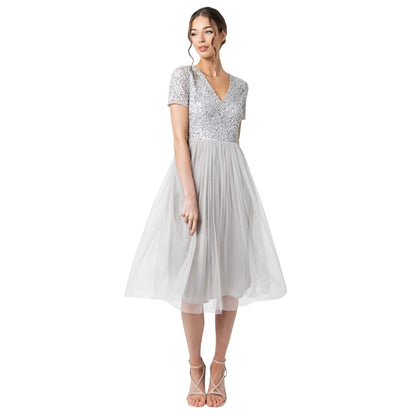 Soft Grey - Front - Maya Deluxe Womens-Ladies Short-Sleeved Midi Dress