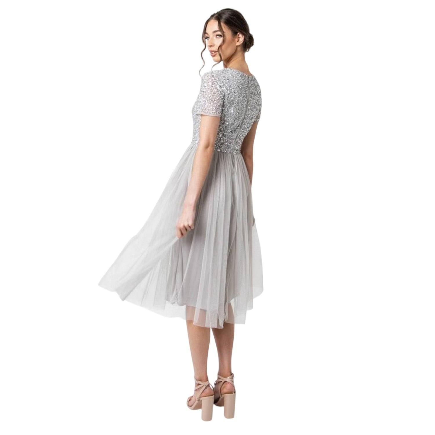 Soft Grey - Back - Maya Deluxe Womens-Ladies Short-Sleeved Midi Dress