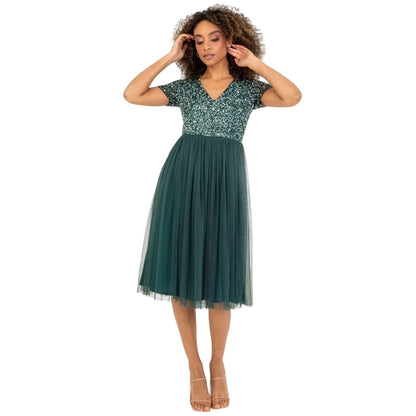 Emerald - Front - Maya Deluxe Womens-Ladies Short-Sleeved Midi Dress