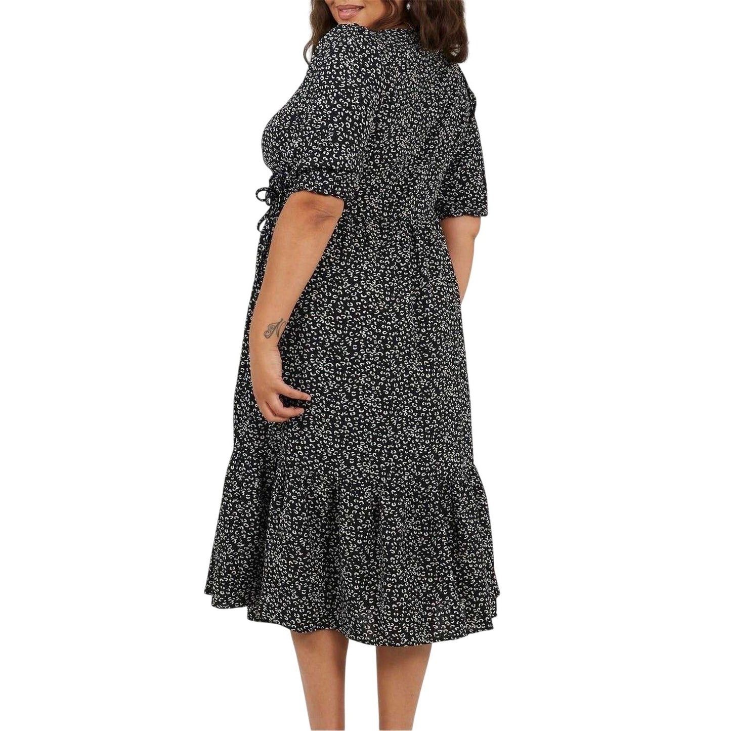 Black-White - Back - Brave Soul Womens-Ladies Leopard Print Puff Sleeve Wrap Dress