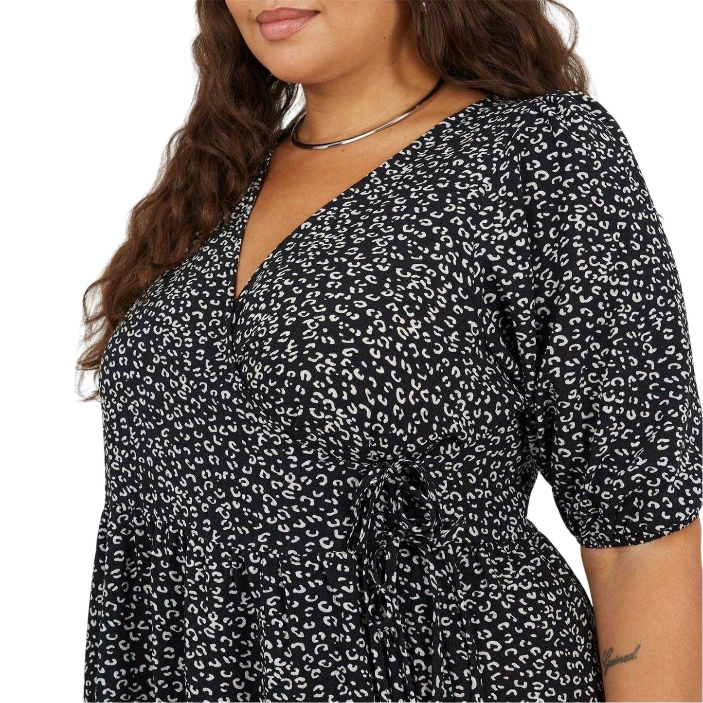 Black-White - Side - Brave Soul Womens-Ladies Leopard Print Puff Sleeve Wrap Dress