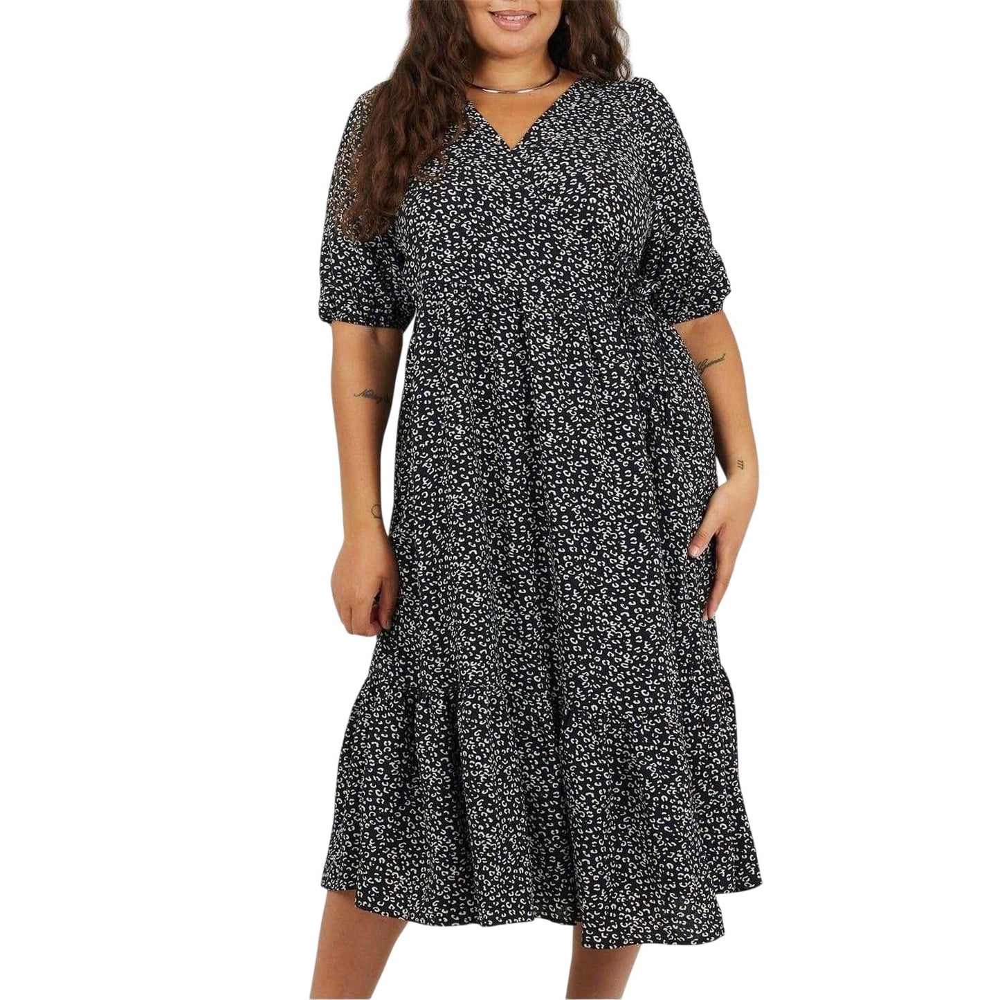 Black-White - Front - Brave Soul Womens-Ladies Leopard Print Puff Sleeve Wrap Dress