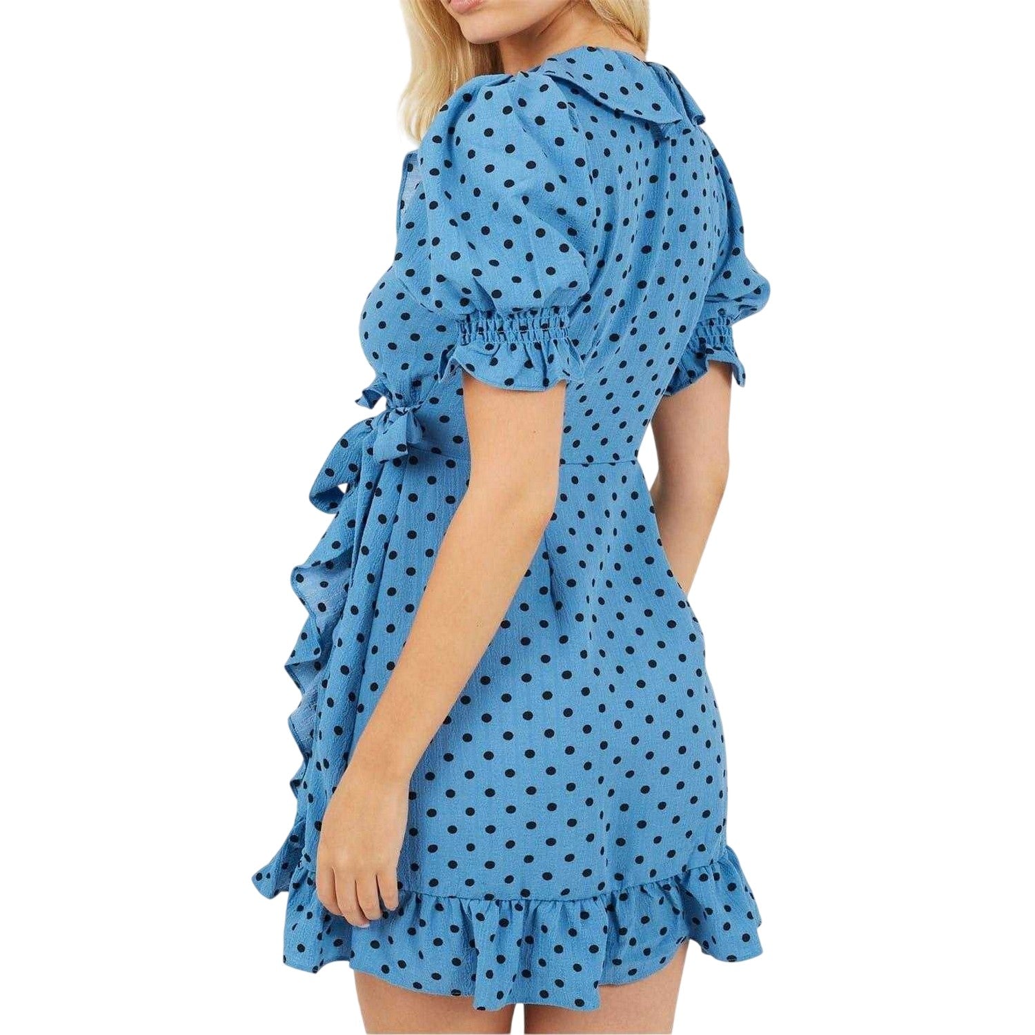 Blue-Black - Back - Brave Soul Womens-Ladies Polka Dot V Neck Wrap Dress