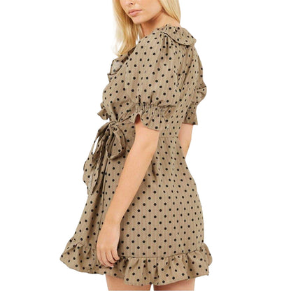 Khaki-Black - Back - Brave Soul Womens-Ladies Polka Dot V Neck Wrap Dress