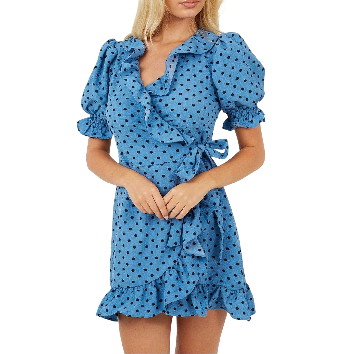 Blue-Black - Front - Brave Soul Womens-Ladies Polka Dot V Neck Wrap Dress