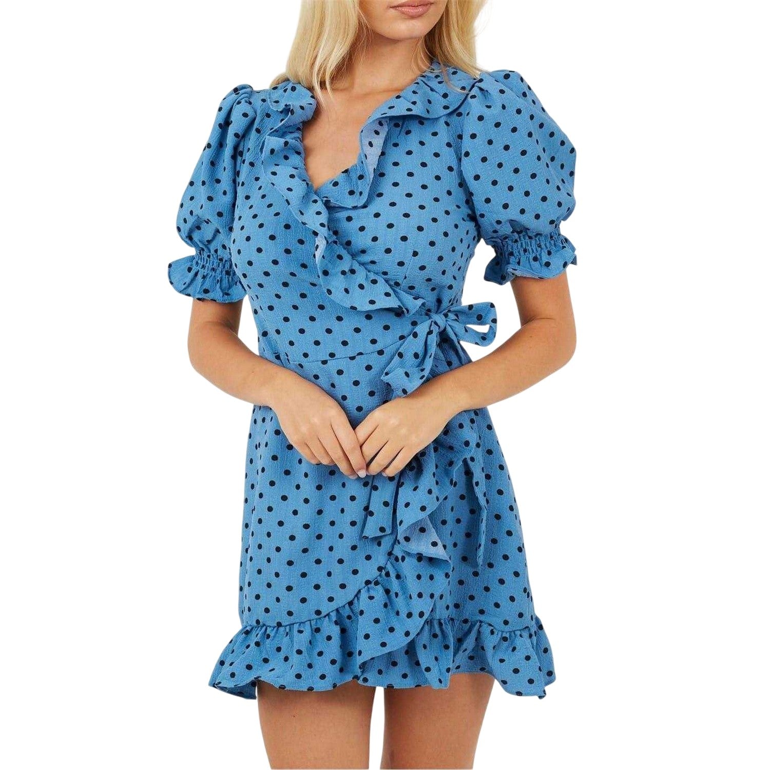 Blue-Black - Front - Brave Soul Womens-Ladies Polka Dot V Neck Wrap Dress