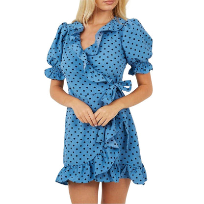 Blue-Black - Front - Brave Soul Womens-Ladies Polka Dot V Neck Wrap Dress