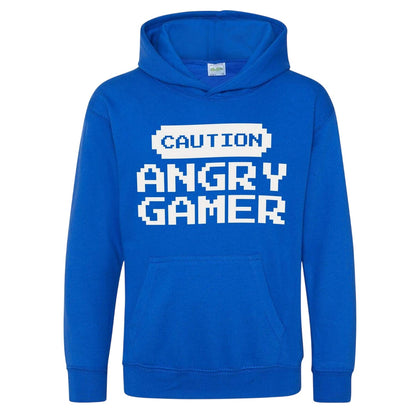 Blue - Front - AWD Childrens-Kids Caution Angry Gamer Hoodie