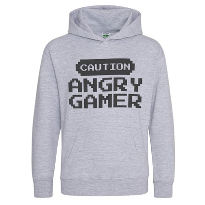 Grey - Front - AWD Childrens-Kids Caution Angry Gamer Hoodie