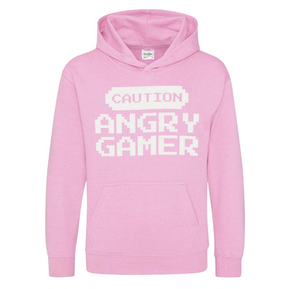 Pink - Front - AWD Childrens-Kids Caution Angry Gamer Hoodie