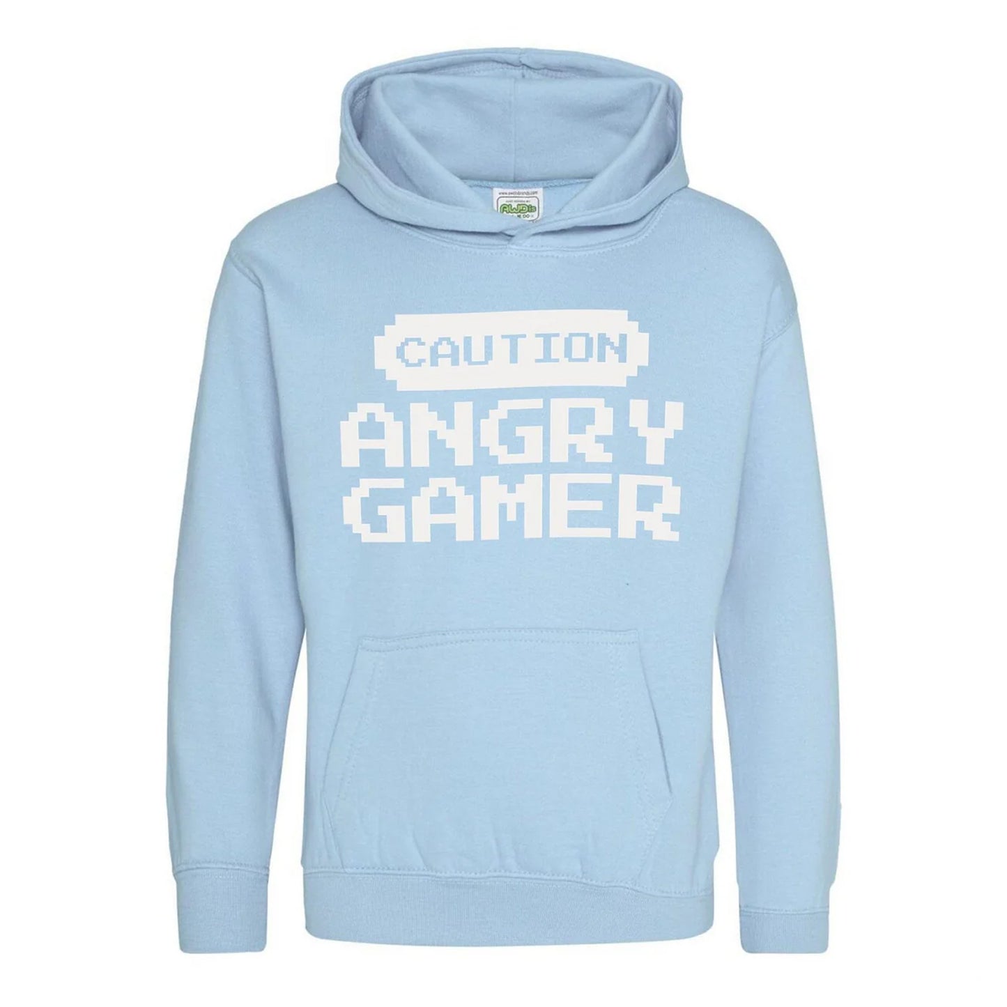 Light Blue - Front - AWD Childrens-Kids Caution Angry Gamer Hoodie