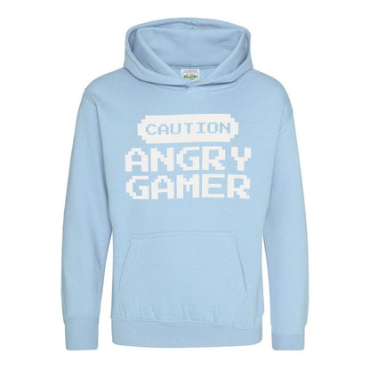 Light Blue - Front - AWD Childrens-Kids Caution Angry Gamer Hoodie