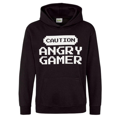 Black - Front - AWD Childrens-Kids Caution Angry Gamer Hoodie