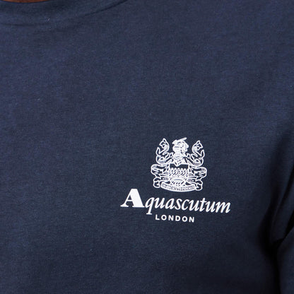 Navy-White - Lifestyle - Aquascutum Mens London Chest Logo Crew Neck T-Shirt