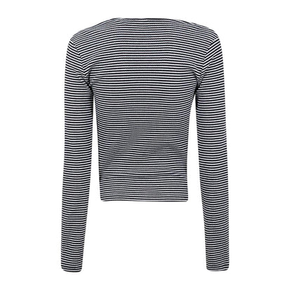 Vanilla-Black - Back - Levis Womens-Ladies Pinstripe Ribbed V Neck Long-Sleeved Top