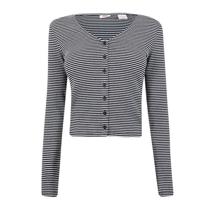 Vanilla-Black - Front - Levis Womens-Ladies Pinstripe Ribbed V Neck Long-Sleeved Top