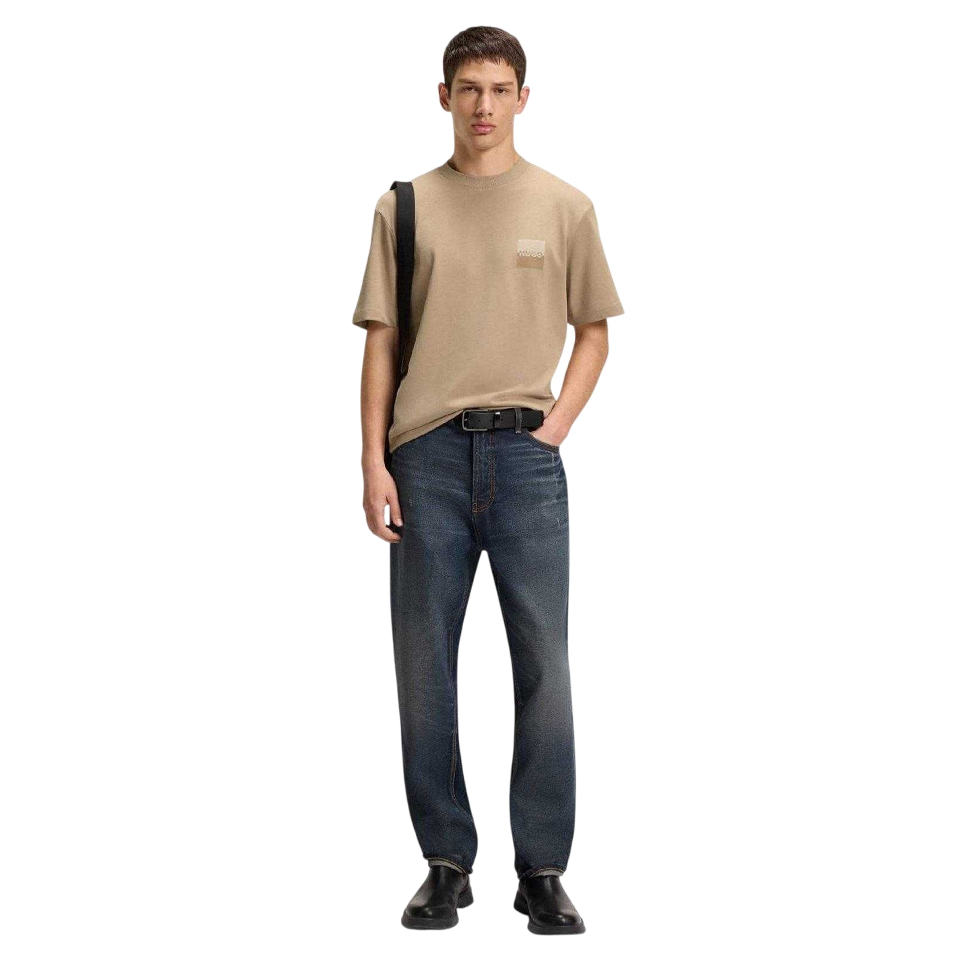 Beige - Side - Hugo Boss Mens Dusplito Split Logo T-Shirt