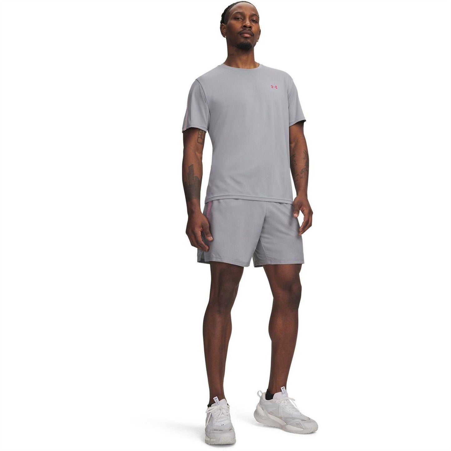 Steel-Pink - Side - Under Armour Mens Wordmarks Woven Tech Shorts
